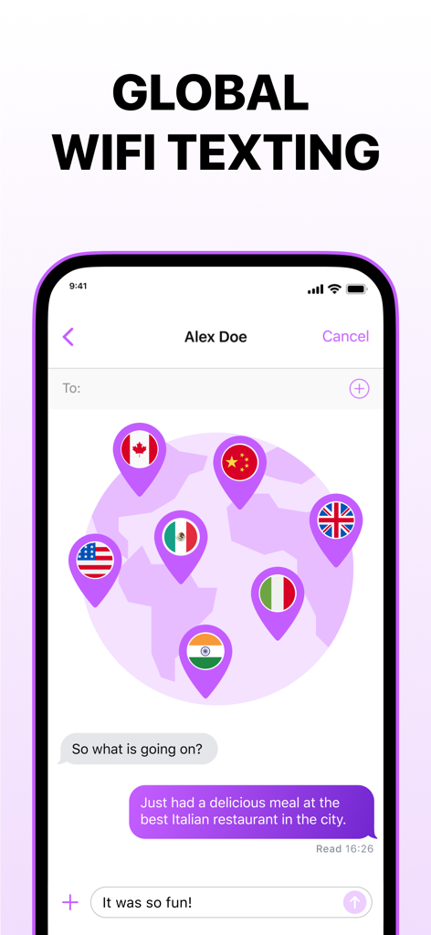 Interface of the Free Text app showing global wifi texting capabilities with international flags on a globe and a chat screen