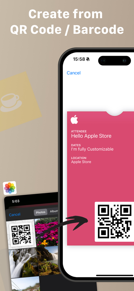 Screen showing the creation of a custom digital pass by importing a QR code from the phone gallery.