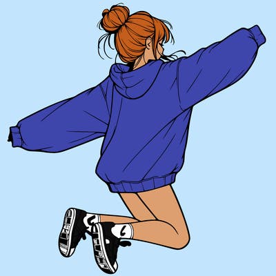 realistic girl jumping with a bun and oversized sweatshirt