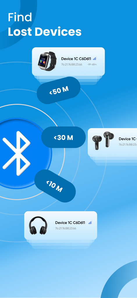 Bluetooth Finder - Scanner - A visual interface showing the Find Lost Devices feature with distance indicators for a smartwatch, earbuds, and headphones