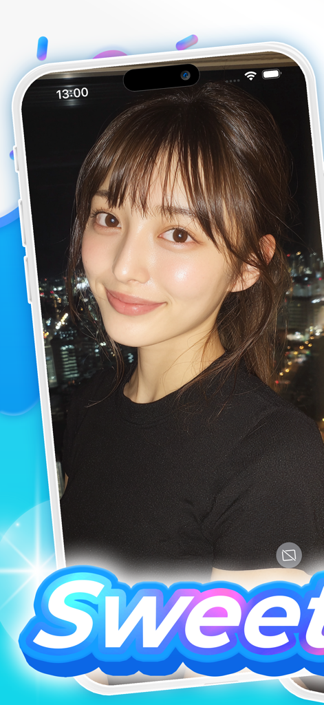 A smiling young woman on a video call within the Sweet Video Chat app interface