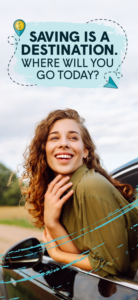 Uma mulher sorridente saindo da janela de um carro com o texto "Economizar é um destino".