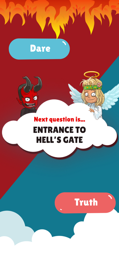 Gameplay screen of the Truth or Dare Dirty app featuring cartoon angel and devil characters with options to choose truth or dare.