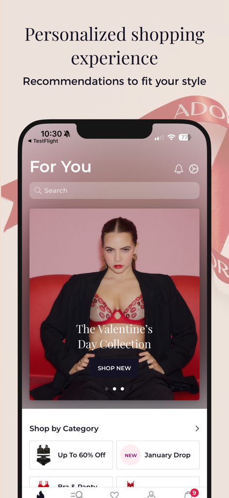Interface do aplicativo Adore Me mostrando recomendações personalizadas de lingerie e a coleção do Dia dos Namorados.