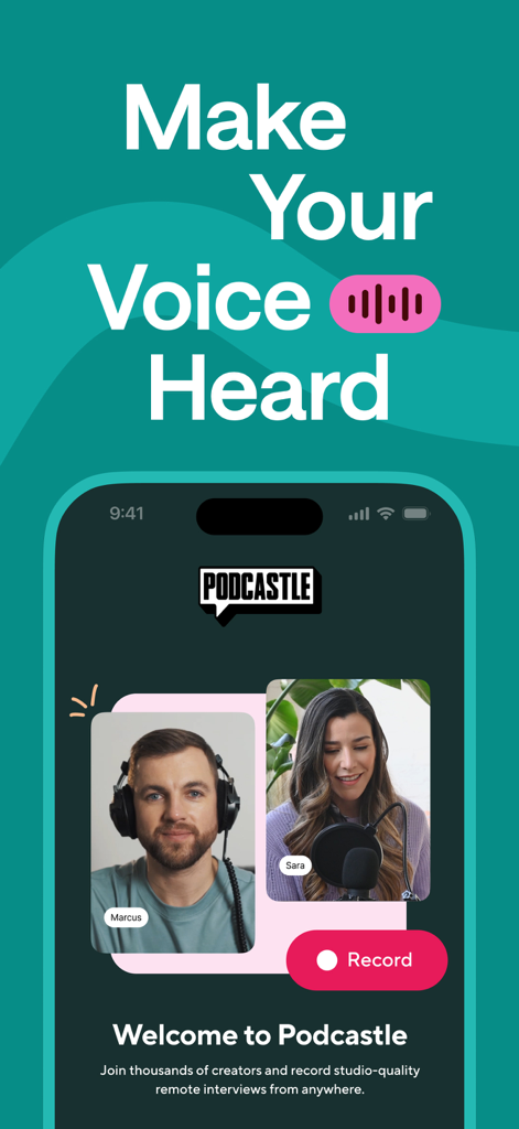 Podcastle: Podcast Recordings - Podcastle mobile app interface showing two people recording a remote studio quality interview on an iPhone