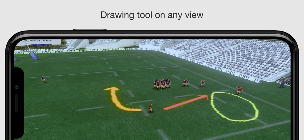 Una vista 3D del campo de rugby que muestra herramientas de dibujo táctico con flechas y círculos en una animación del libro de jugadas.