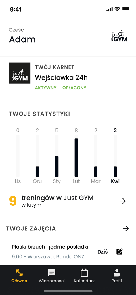 Interfaz de la app Just GYM mostrando estadísticas de entrenamiento del usuario y estado de la membresía