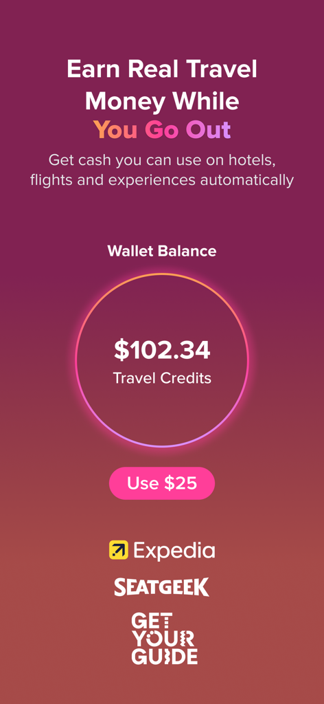 Atmosfy: Meet Your City - Atmosfy app screen showing travel credits wallet balance with reward partners Expedia SeatGeek and GetYourGuide