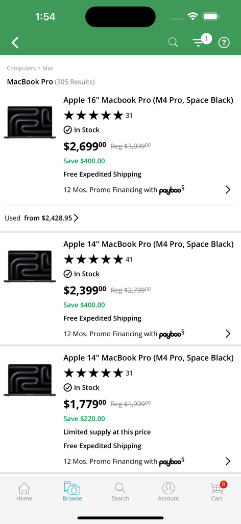 B&H Photo Video app interface showing search results for Apple MacBook Pro laptops with pricing and availability