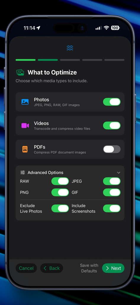 Sami - Media Optimizer - Sami app interface showing options to select photos, videos, and PDFs for storage optimization.