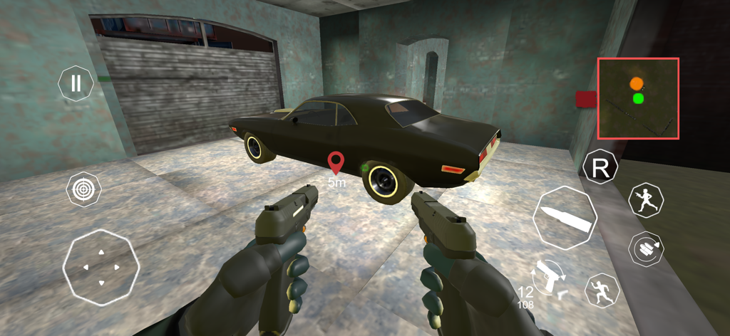 Zombie Games Survival Shooting - Vista en primera persona de pistolas duales en un garaje del juego Zombie Games Survival Shooting