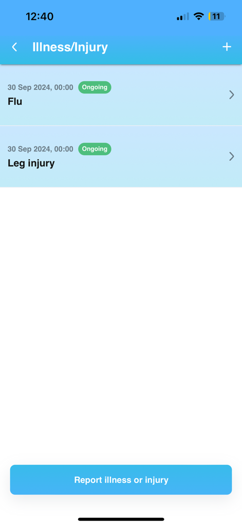 Sportlyzer Player - Sportlyzer Player app screen displaying ongoing illness and injury reports for athletes.