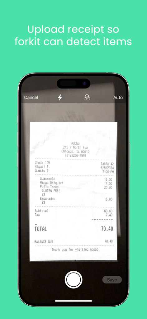 Forkit app scanning a restaurant receipt to automatically detect items and prices for bill splitting