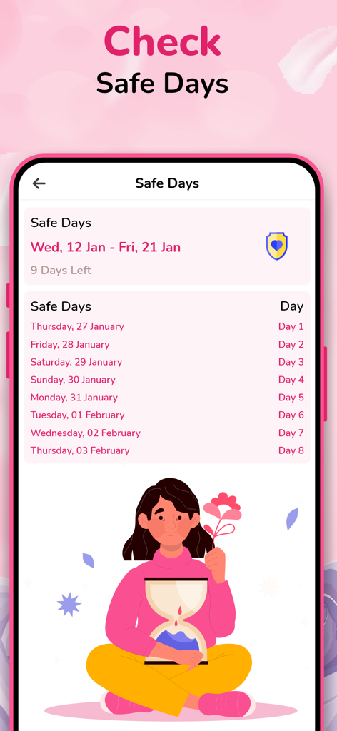 Period & Ovulation Calculator - Interfaz de una aplicación móvil que muestra una lista de días seguros calculados en una vista de calendario con una ilustración femenina.