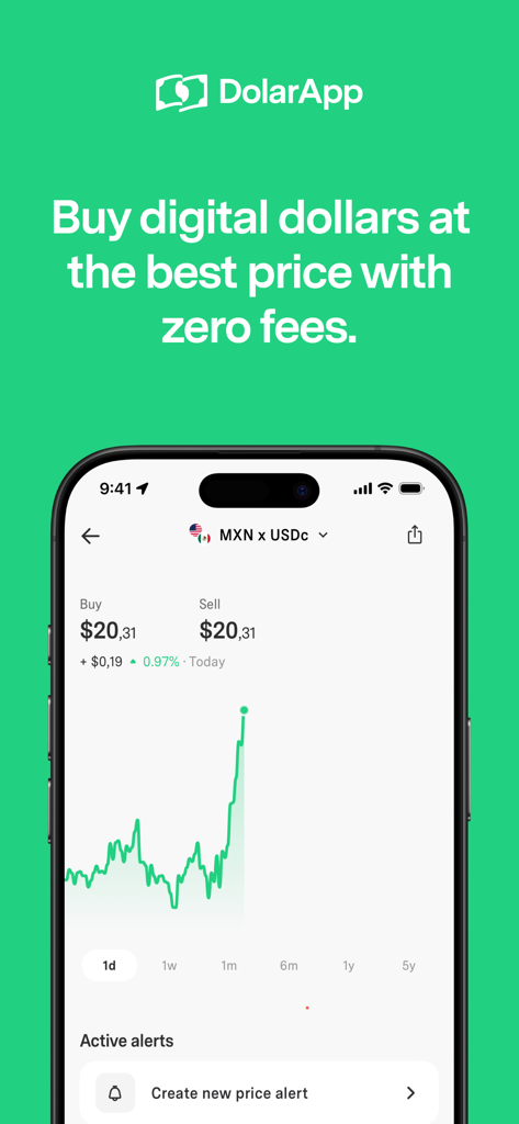 Interface móvel DolarApp mostrando taxa de câmbio de dólar digital e gráfico de preços