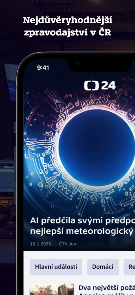 ČT24 - iPhone display showing the CT24 mobile news app interface with a featured article headline