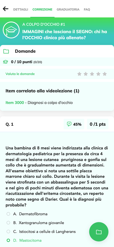 Interfaccia dell'app prepSSM che mostra una domanda di studio di caso medico e la sua correzione in italiano