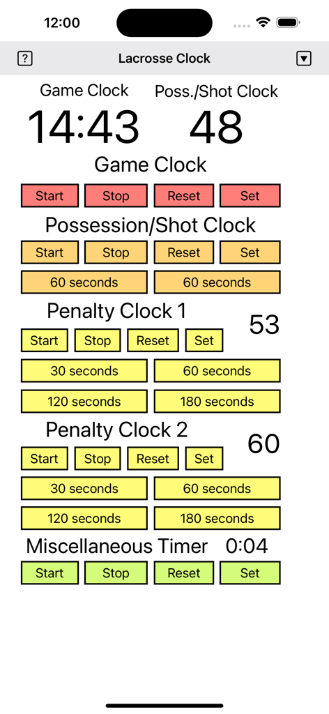 Lacrosse Clock app dashboard featuring game shot and penalty timers