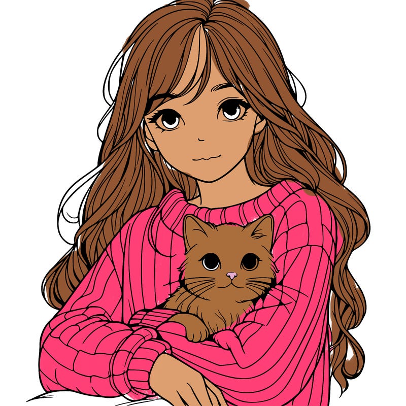 a realistic girl with a cat in her lap