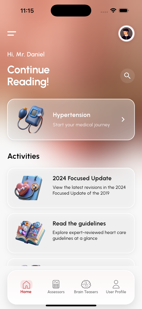 AkomaCare - AkomaCare app home screen featuring cardiovascular care guidelines, hypertension modules, and 2024 medical updates for healthcare professionals.