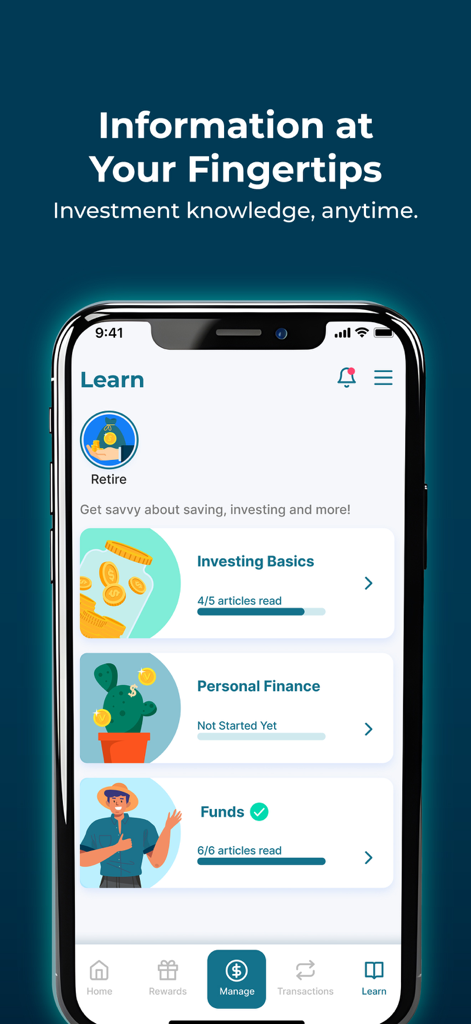 Versa app Learn screen showing educational modules for investing basics and personal finance