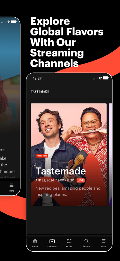 Tela de smartphone mostrando o aplicativo Tastemade com um show de culinária transmitido ao vivo e dois chefs