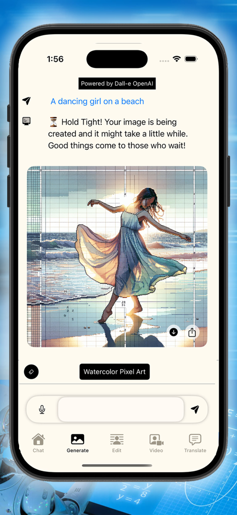 Captura de pantalla de la interfaz de la aplicación Luna AI que muestra la generación de una imagen de arte pixelado de acuarela a partir de una indicación de texto.