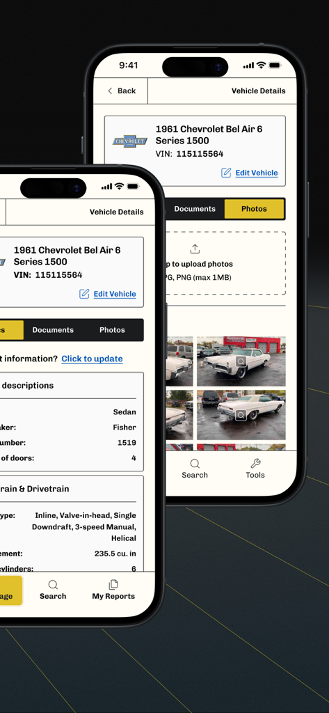 Classic Car VIN Lookup - App interface showing 1961 Chevrolet Bel Air specifications and photo gallery