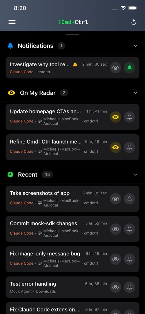 Cmd+Ctrl - Dashboard mobile dell'app Cmd and Ctrl che mostra attività e notifiche di stato degli agenti di codifica AI in tempo reale.