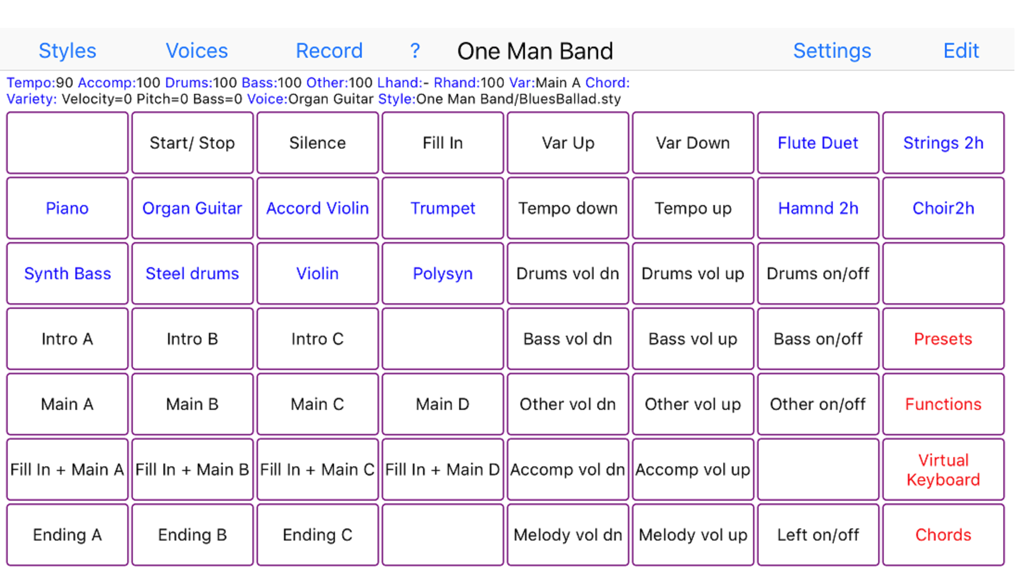 One Man Band Live - One Man Band Live app interface featuring a grid of buttons for music accompaniment and instrument control.