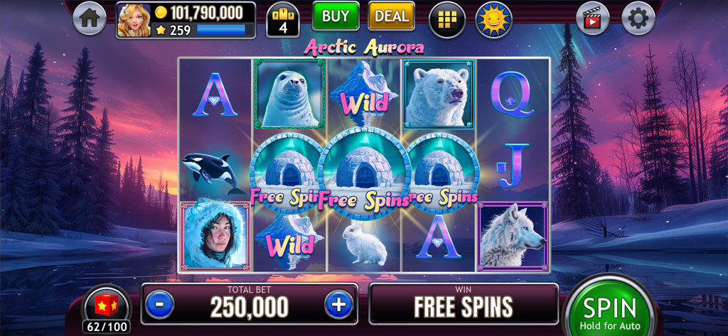 Slots of Luck Vegas Casino - Gameplay de machine à sous sur le thème Arctic Aurora avec des symboles d'hiver et des tours gratuits