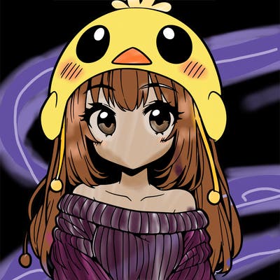 anime girl with chick shaped hat with sweater with bare shoulders with bangs covering them one eye with low tail