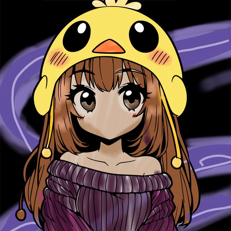 anime girl with chick shaped hat with sweater with bare shoulders with bangs covering them one eye with low tail