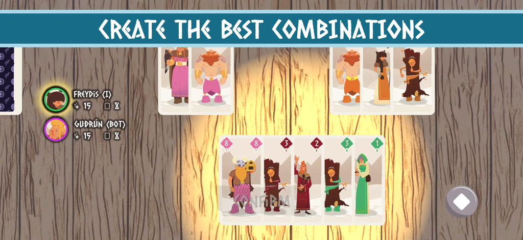 Odin - Helvetiq - Ein Gameplay-Bildschirm aus dem Odin-Kartenspiel, der Wikinger-Charakterkarten und Strategiekombinationen zeigt.