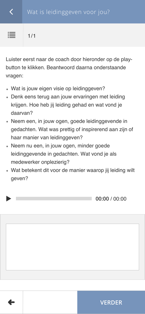GITP mobile app screen showing a leadership development module with reflection questions and an audio player for professional training