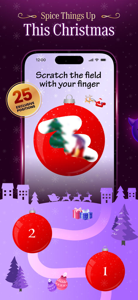 Ein Smartphone-Bildschirm, der ein weihnachtliches Rubbelspiel mit einer roten Weihnachtskugel und 25 exklusiven Schlafzimmerpositionen zeigt.