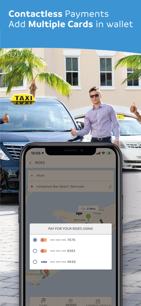 Hitch Bermuda - Smartphone screen of Hitch Bermuda app showing contactless credit card payment options for a taxi ride.