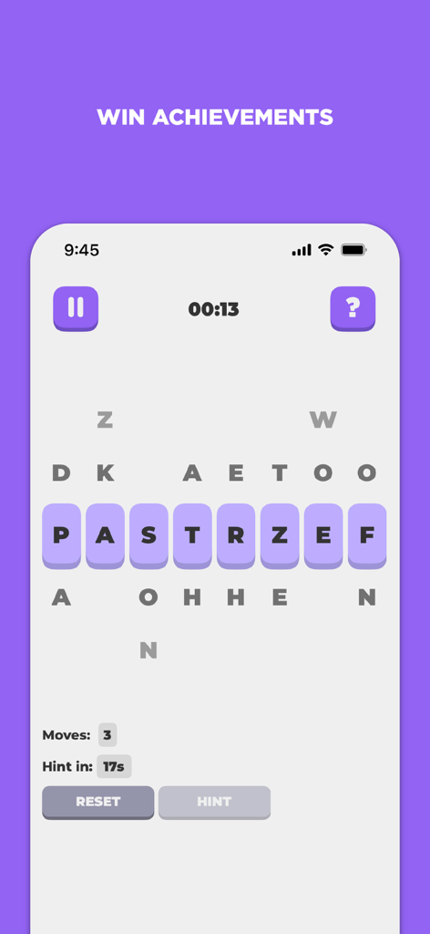 Gameplay screen of the Spellit word puzzle in the Puzzlit mobile app featuring a letter grid and a win achievements banner.