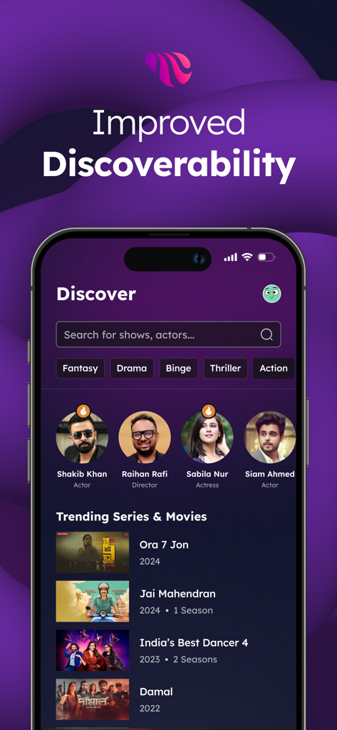 Schermata di scoperta dell'app Toffee che mostra barra di ricerca, tag di genere e attori e film bengalesi popolari