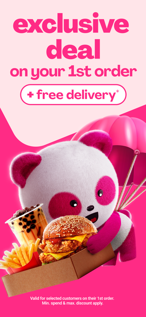 foodpanda app promotional banner for first order exclusive deal and free delivery featuring the pink panda mascot holding a burger and boba tea