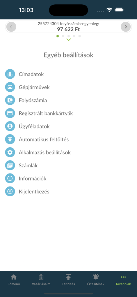Nemzeti Mobilfizetési Rendszer - Pantalla de configuración de la aplicación Nemzeti Mobilfizetesi Rendszer que muestra el saldo de la cuenta y las opciones de gestión de vehículos en húngaro.