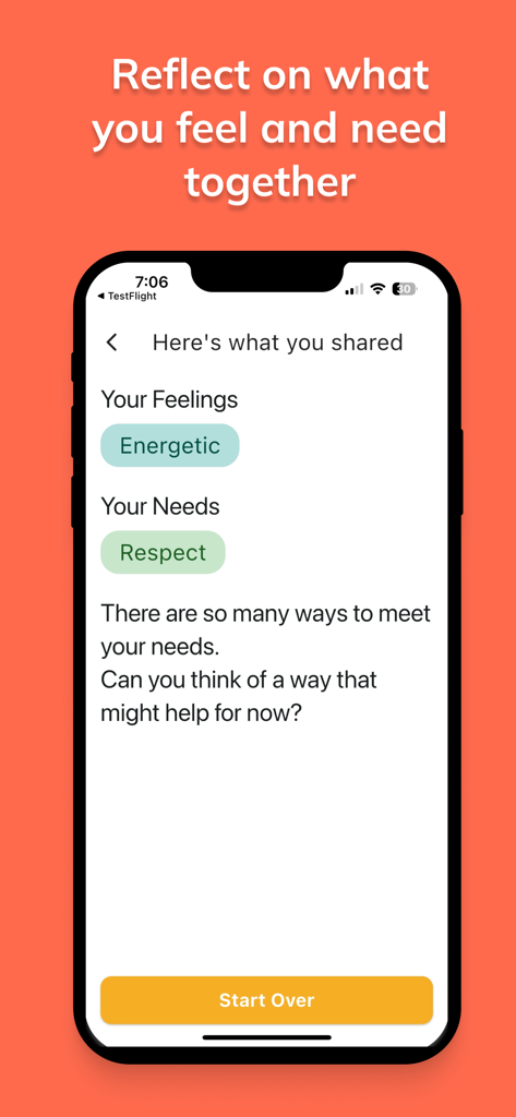 Feelings & Needs: Kids Edition - A summary screen in the Feelings and Needs app showing a child's selected feeling of Energetic and need for Respect with reflection prompts.