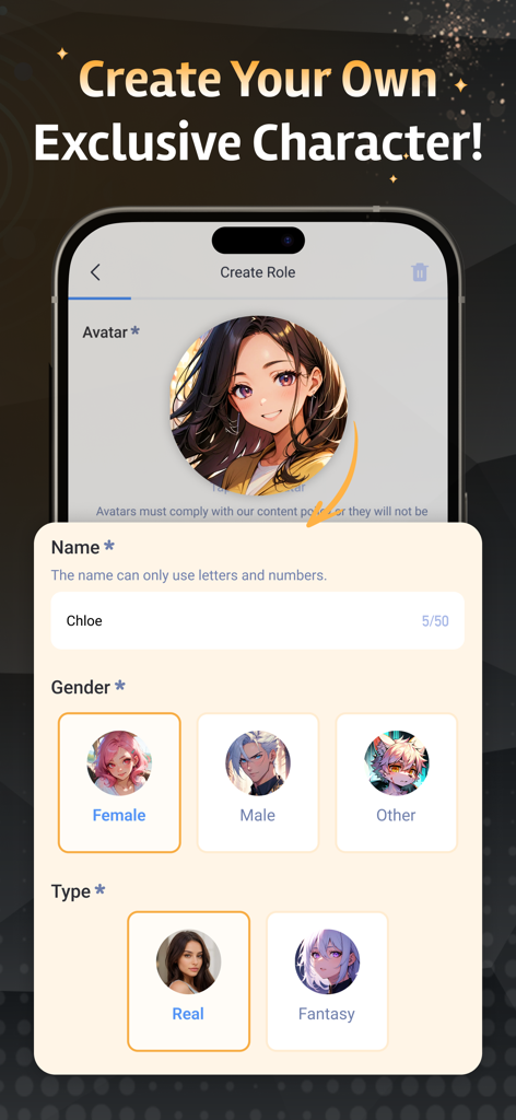 Lucky AI - Soulful AI Game - A mobile screen from the Lucky AI app showing how to create a custom AI character with options for name, gender, and character style.