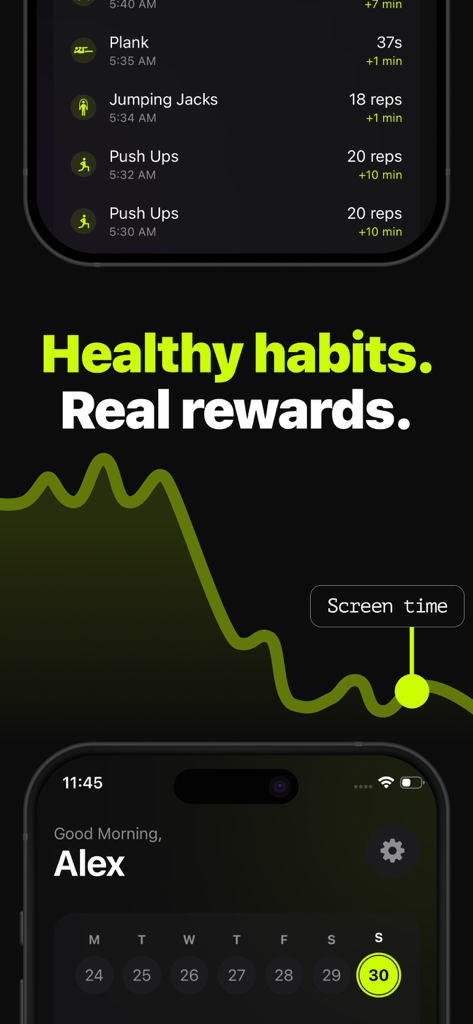 Repscroll: Push Up Screen Time - Repscroll app screenshot showing how push ups and other exercises earn screen time rewards with a usage tracking graph.
