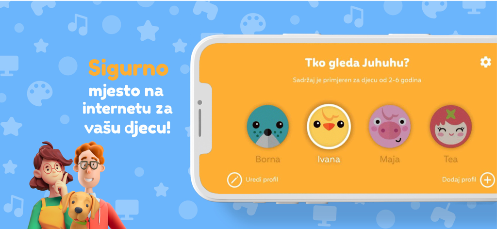 Smartphone screen showing user profile selection with colorful animal avatars in the Juhuhu children app