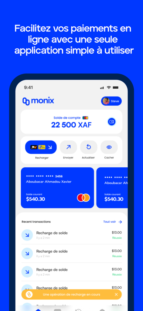 Monix - Cartes Bancaires - Monix app interface displaying account balance in XAF and virtual bank cards for online payments