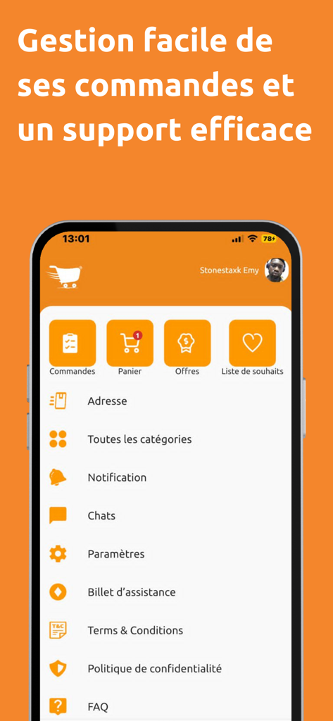Focus Shop - Focus Shop mobile app account screen showing order management and customer support options