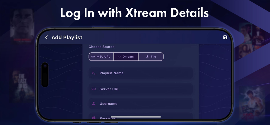 OTT Nav Tivimain IPTV Smarters - Add playlist screen showing Xtream login options for IPTV streaming