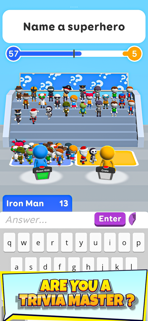 Juego de Adivina Su Respuesta mostrando una pregunta de trivia de nombrar a un superhéroe con personajes 3D en el escenario