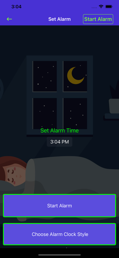 Loud Alarm Clock: Wake up Call - Estableciendo la hora de una alarma en la aplicación móvil Despertador Ruidoso con un fondo temático nocturno
